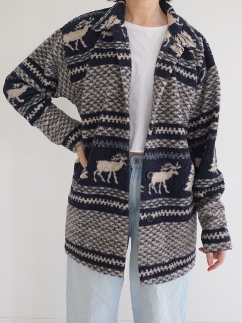 Vintage Navy Moose Nordic Shawl Collar Button Cabincore Cardigan Sweater L